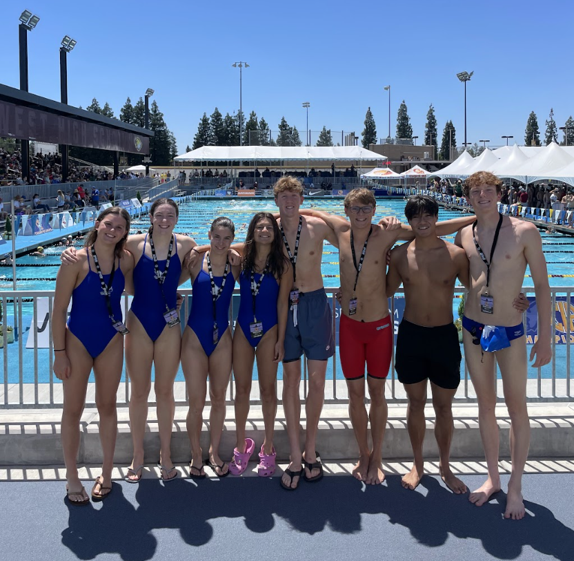 The+boys+and+girls+relay+teams+pose+at+CIF+state+championships+after+the+girls+relay+placed+26th+and+the+boys+placed+11th+for+freestyle+and+13th+in+the+medley+event